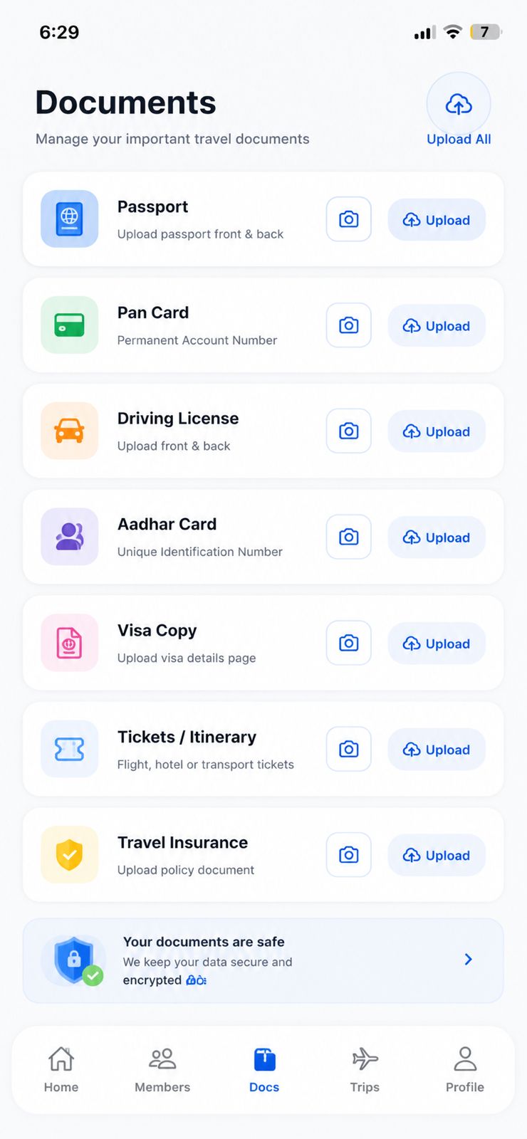 Travel documents including passports, visas, tickets, and insurance