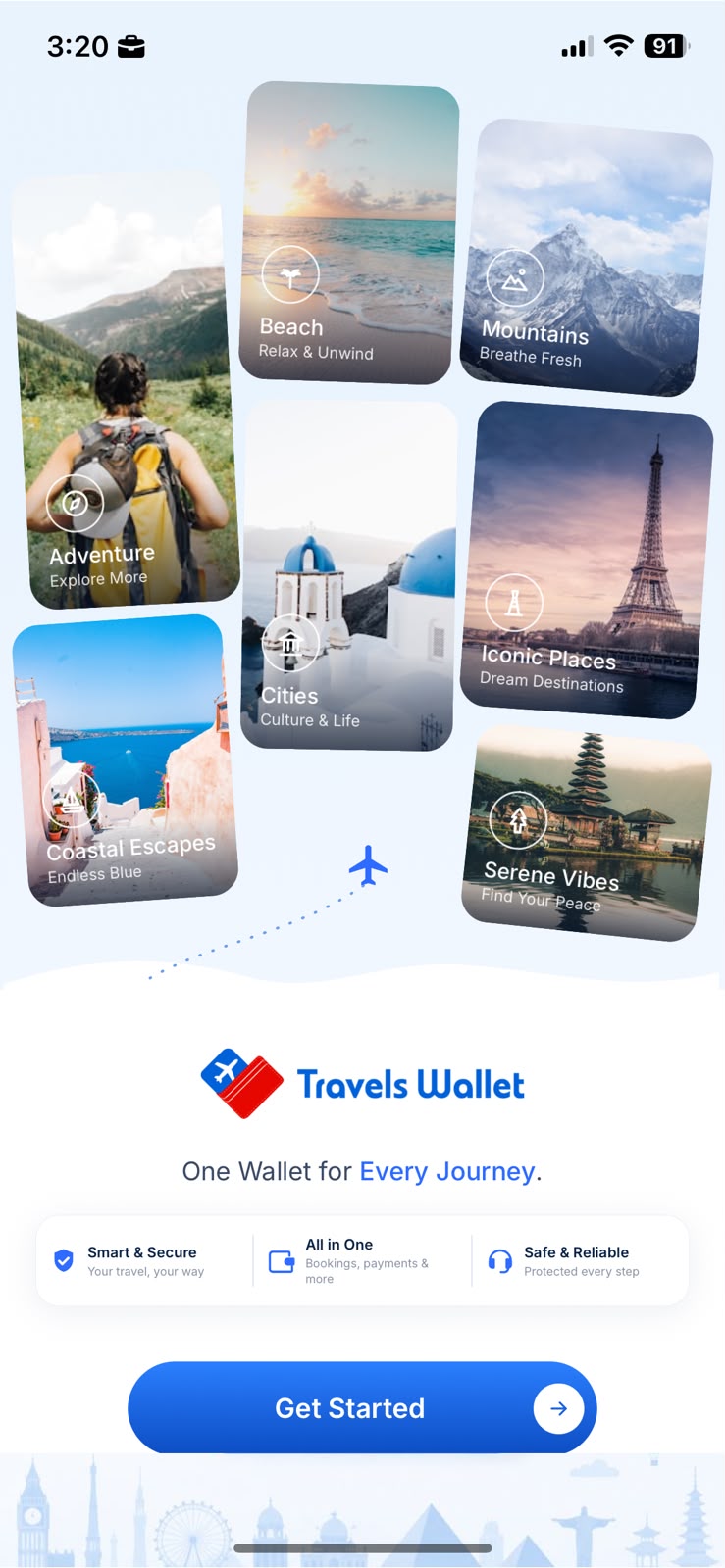 Travels Wallet home screen with current trip overview