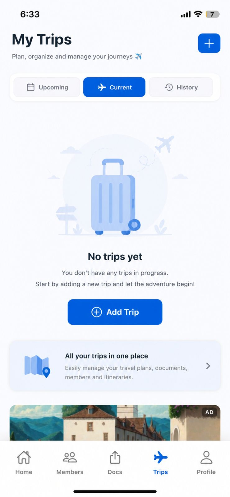 My Trips screen with upcoming and past travel plans